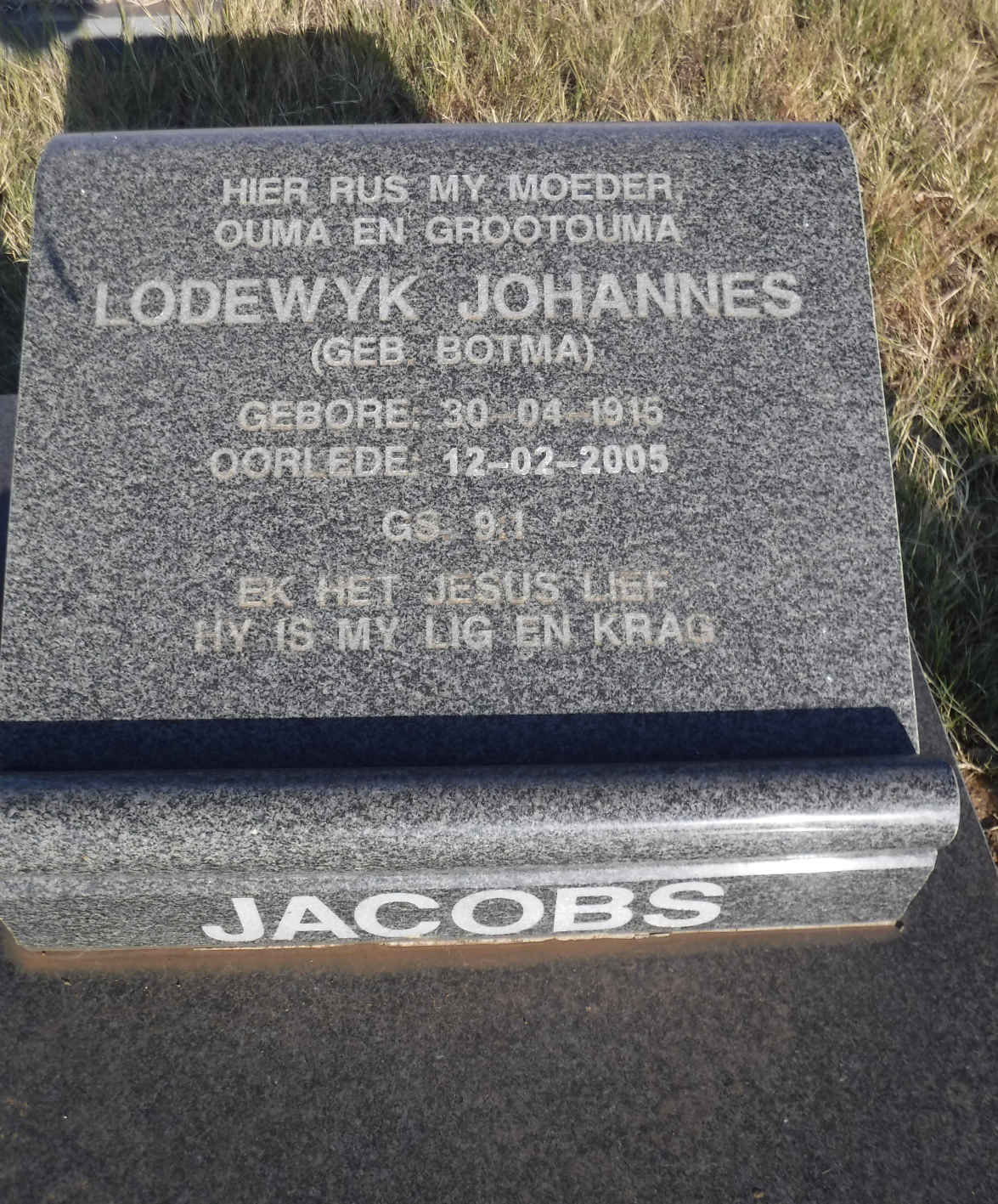 JACOBS Lodewyk Johannes nee BOTMA 1915-2005