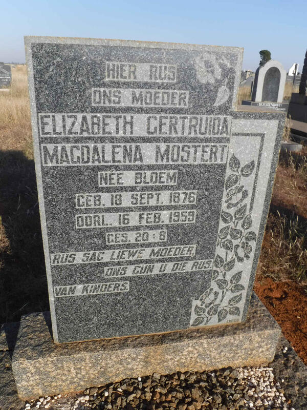 MOSTERT Elizabeth Gertruida Magdalena nee BLOEM 1876-1959