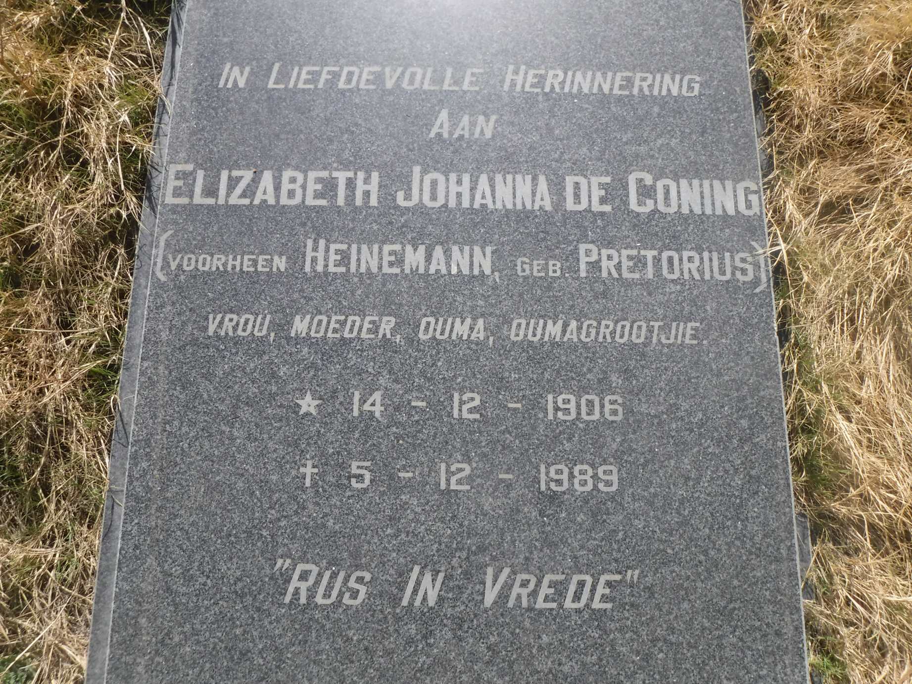 CONING Elizabeth Johanna, de voorheen HEINEMANN nee PRETORIUS 1906-1989