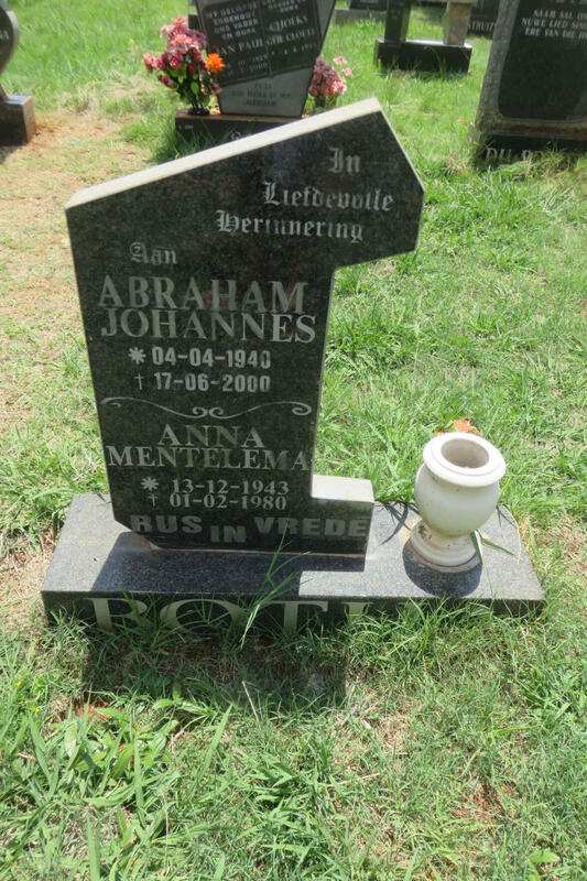 BOTHA Abraham Johannes 1940-2000 & Anna MENTELEMA 1943-1980