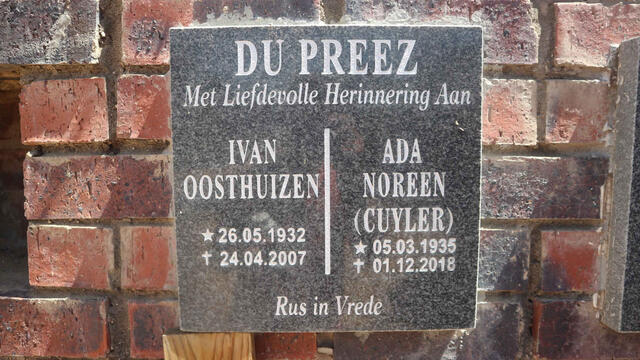 PREEZ Ivan Oosthuizen, du 1932-2007 & Ada Noreen CUYLER 1935-2018