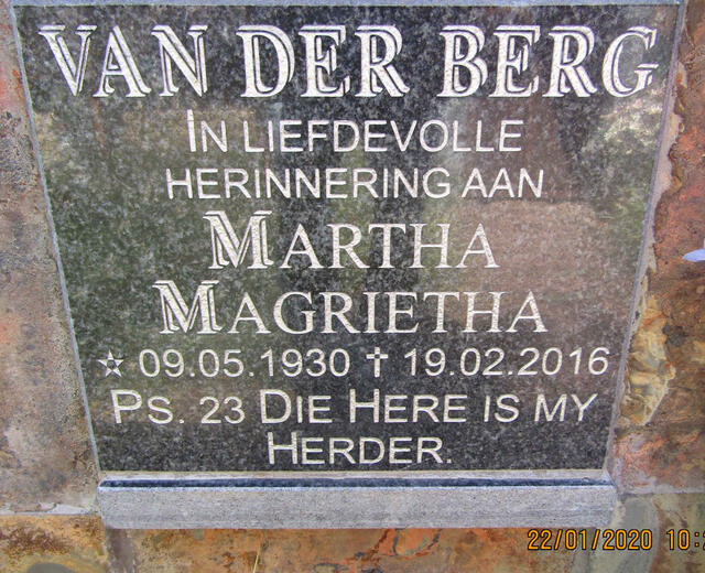 BERG Martha Magrietha, van der 1930-2016