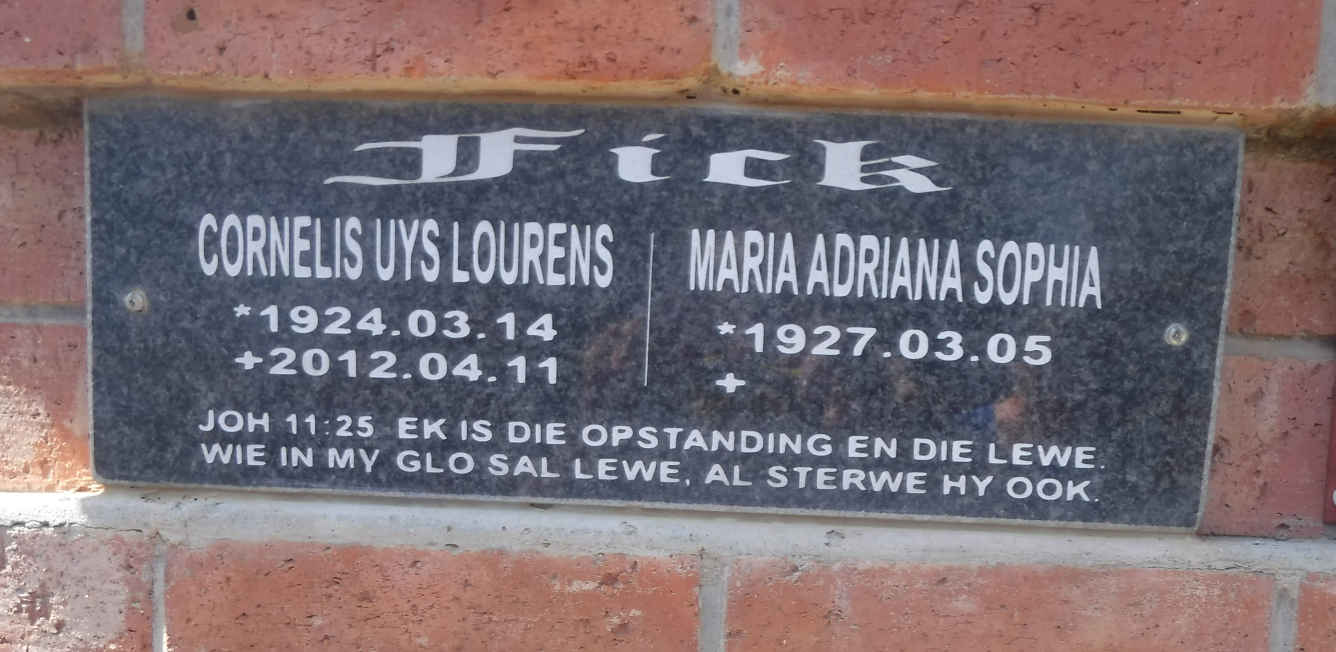 FICK Cornelis Uys Lourens 1924-2012 & Maria Adriana Sophia 1927-