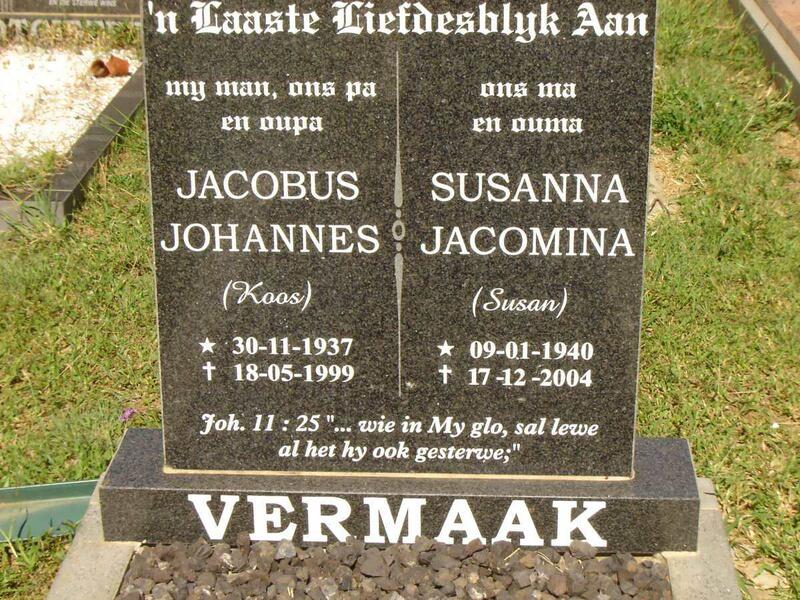 VERMAAK Jacobus Johannes 1937-1999 & Susanna Jacomina 1940-2004