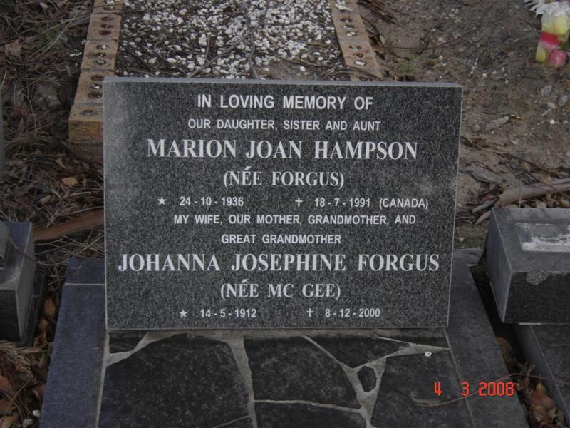 HAMPSON Marion Joan nee FORGUS 1936-1991 :: FORGUS Johanna Josephine nee Mc GEE 1912-2000