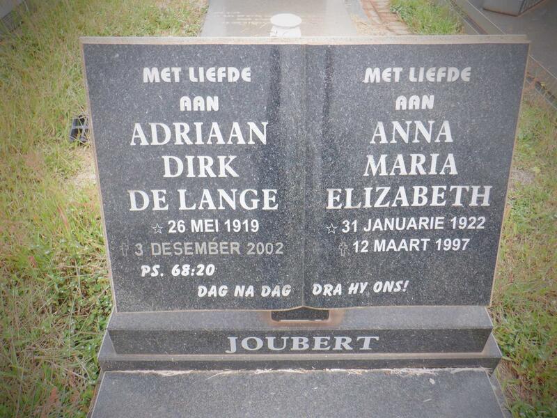 JOUBERT Adriaan Dirk de Lange 1919-2002 & Anna Maria Elizabeth 1922-1997