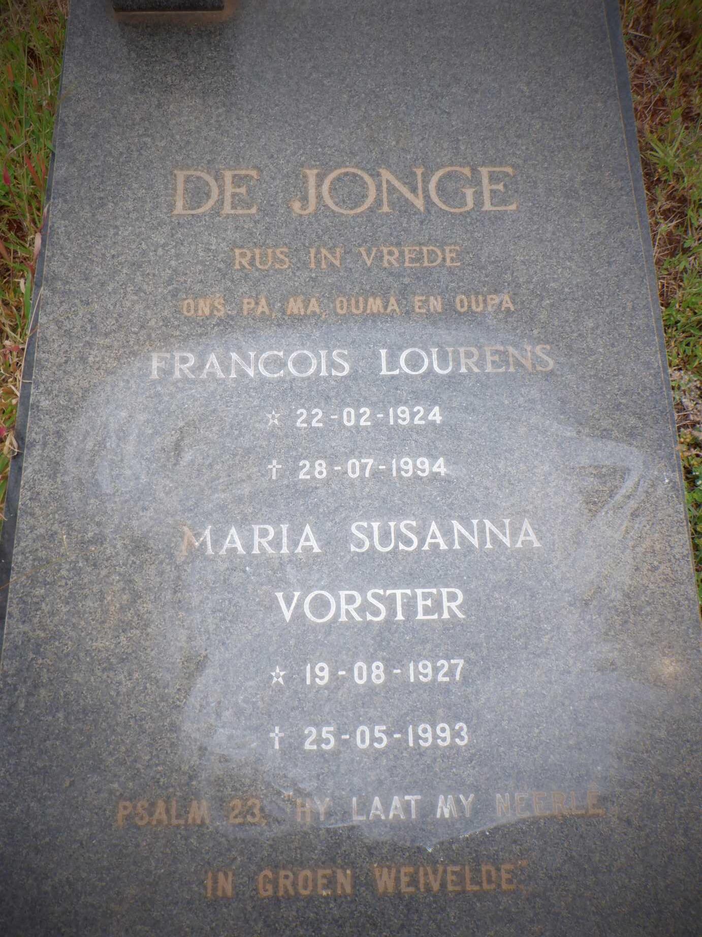 JONGE Francois Lourens, de 1924-1994 & Maria Susanna VORSTER 1927-1993