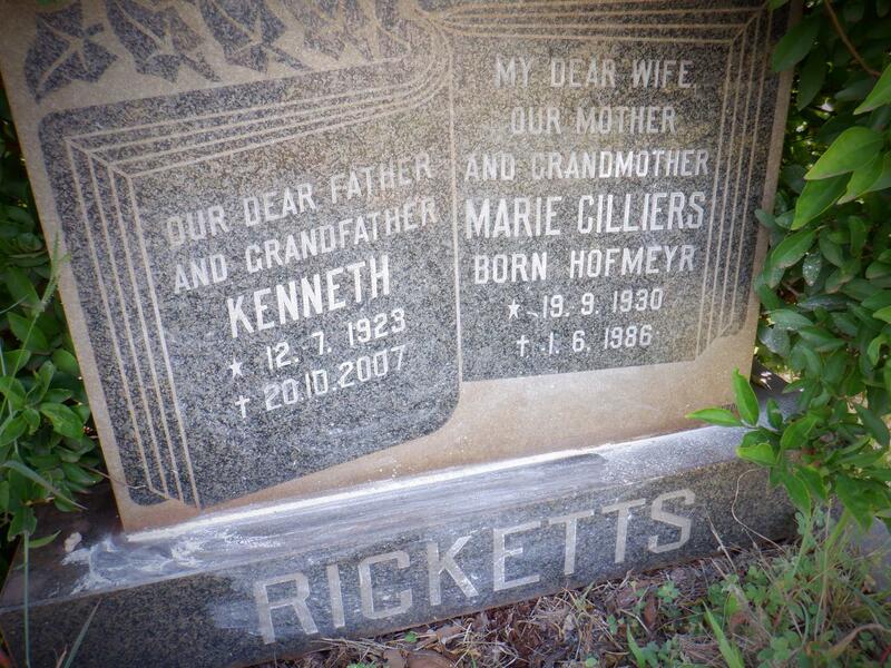 RICKETTS Kenneth 1923-2007 & Marie Cilliers HOFMEYR 1930-1986