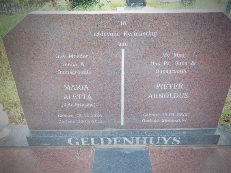 GELDENHUYS Pieter Arnoldus 1933-2007 & Maria Aletta PRINSLOO 1936-2011