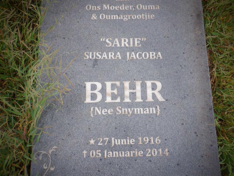 BEHR Susara Jacoba nee SNYMAN 1916-2014