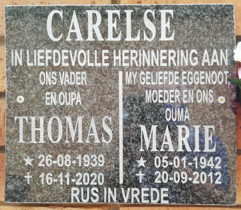 CARELSE Thomas 1939-2020 & Marie 1942-2012