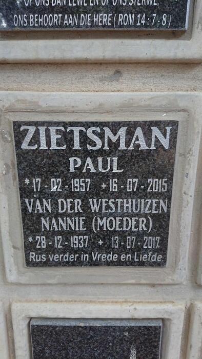 WESTHUIZEN Nannie, van der 1937-2017 :: ZIETSMAN Paul 1957-2015