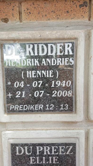 RIDDER Hendrik Andries, de 1940-2008