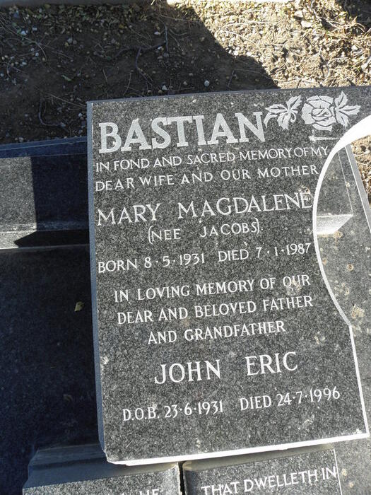 BASTIAN John Eric 1931-1996 & Mary Magdalene JACOBS 1931-1987