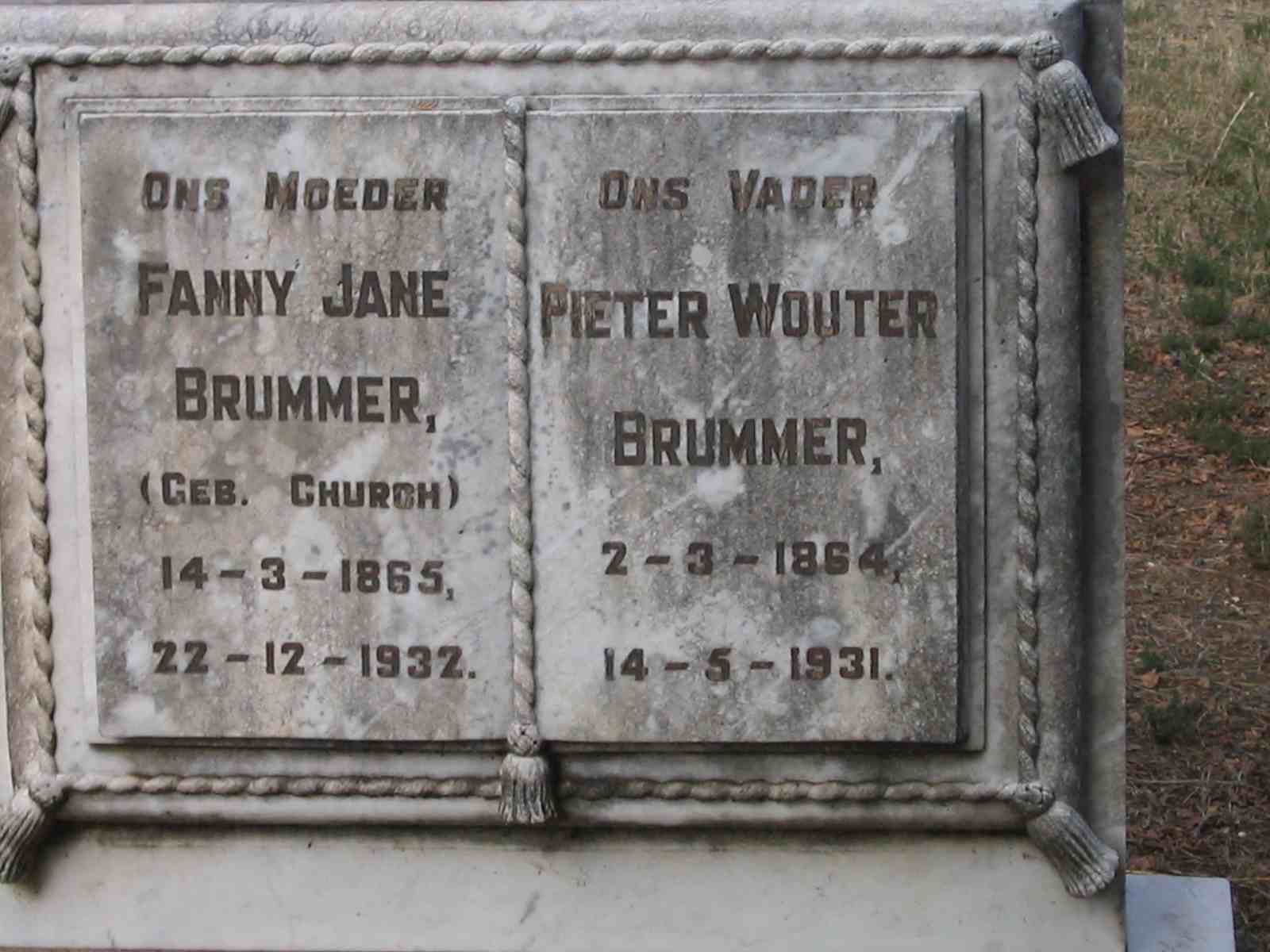 BRUMMER Pieter Wouter 1864-1931 & Fanny Jane CHURCH 1865-1932