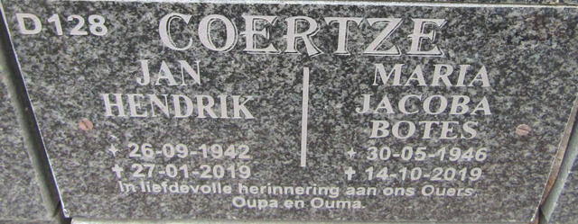 COERTZE Jan Hendrik 1942-2019 & Maria Jacoba BOTES 1946-2019
