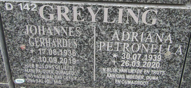 GREYLING Johannes Gerhardus 1936-2019 & Adriana Petronella 1939-2020