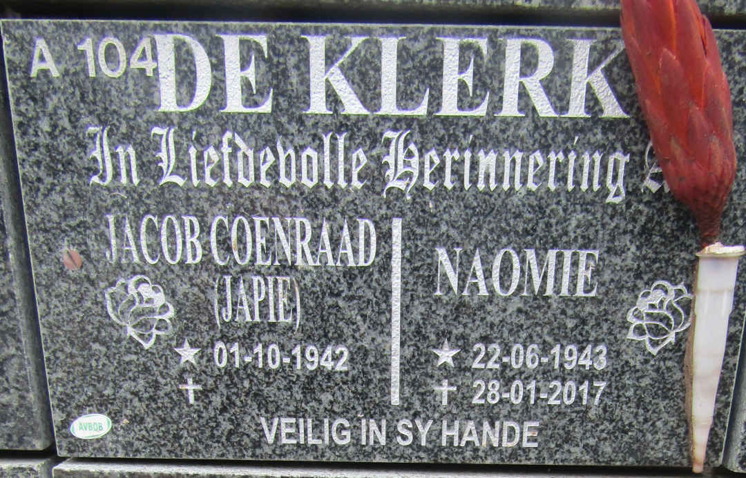 KLERK Jacob Coenraad, de 1942- & Naomi 1943-2017