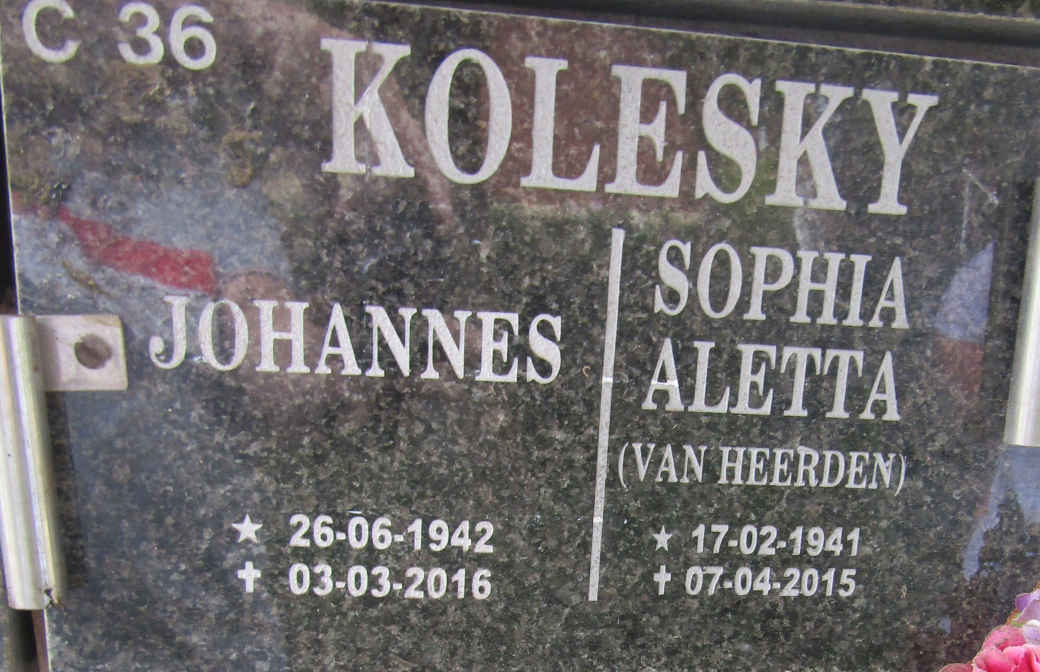KOLESKY Johannes 1942-2016 & Sophia Aletta VAN HEERDEN 1941-2015