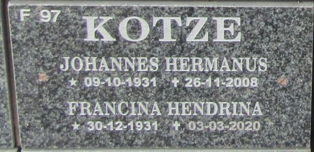 KOTZE Johannes Hermanus 1931-2008 & Francina Hendrina 1931-2020