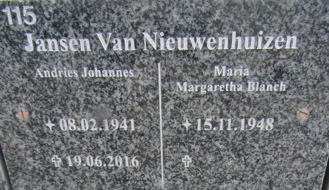 NIEUWENHUIZEN Andries Johannes, Jansen van 1941-2016 & Maria Margaretha Blanch 1948-