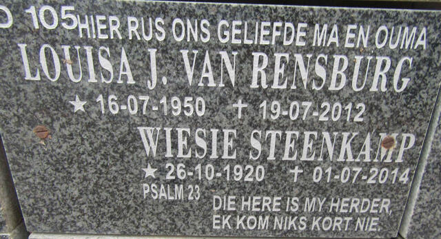 STEENKAMP Wiesie 1920-2014 :: VAN RENSBURG Louisa J. 1950-2012