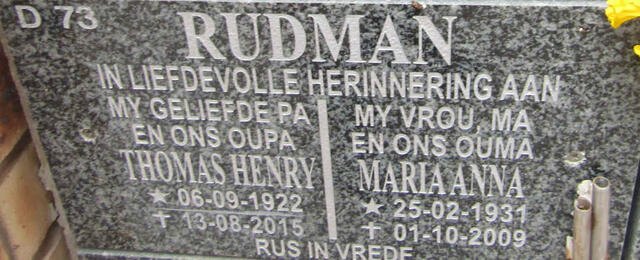 RUDMAN Thomas Henry 1922-2015 & Maria Anna 1931-2009