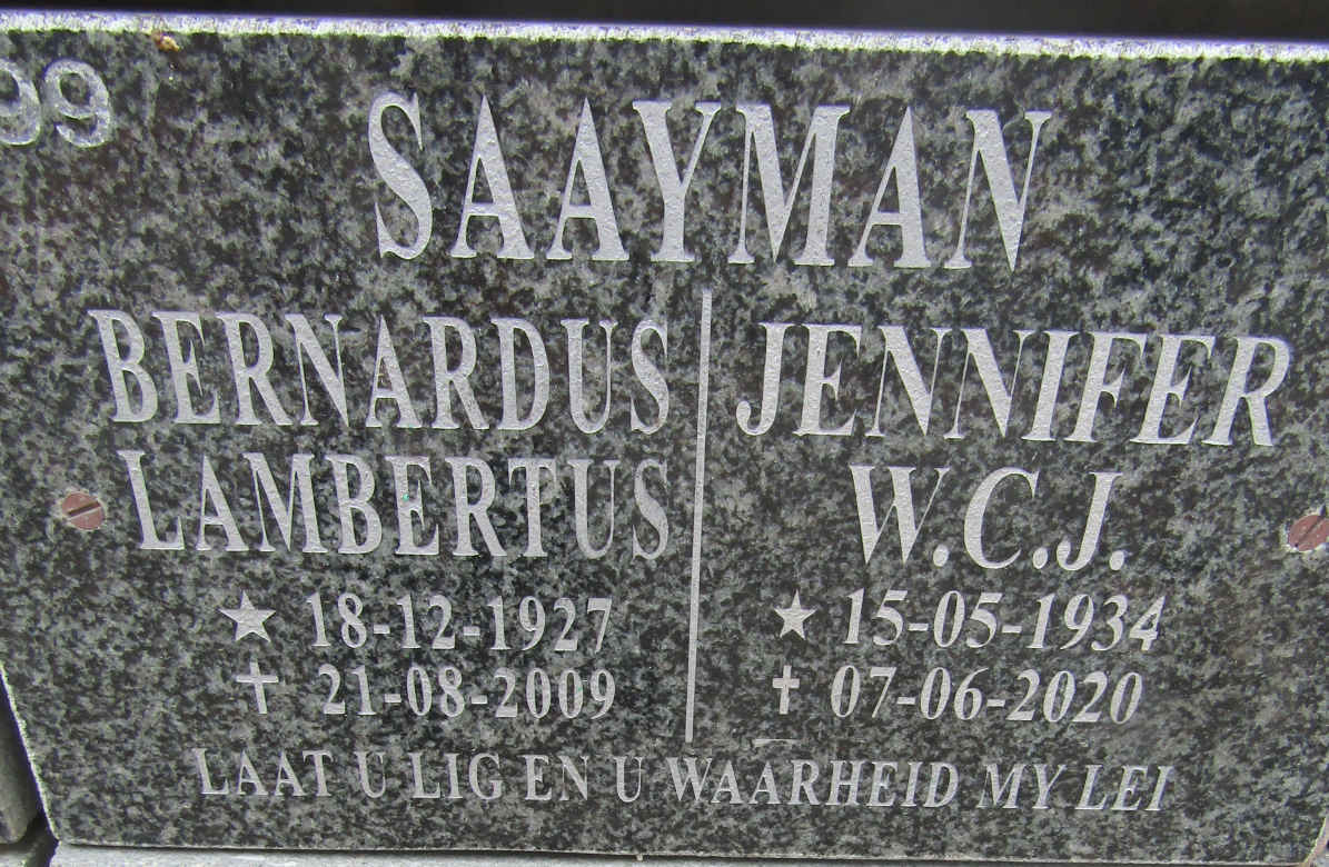 SAAYMAN Bernardus Lambertus 1927-2009 & Jennifer W.C.J. 1934 -2020