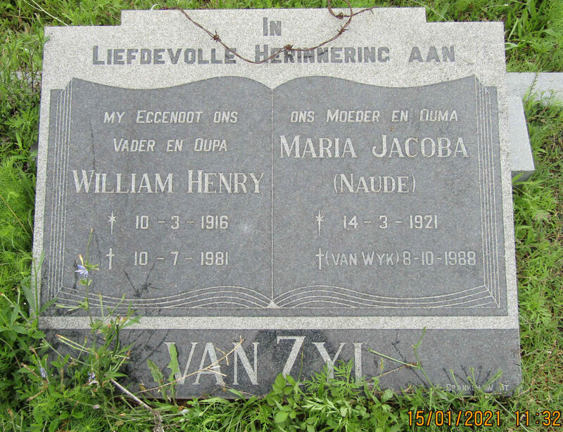 ZYL William Henry, van 1916-1981 & Maria Jacoba VAN WYK formerly VAN ZYL nee NAUDE 1921-1988