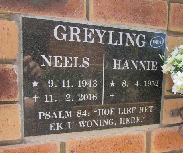 GREYLING Neels 1943-2016 & Hannie 1952-