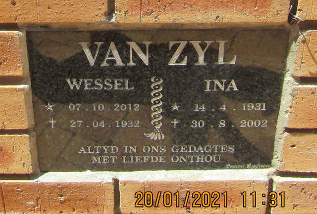 ZYL Wessel, van 1932-2012 & Ina 1931-2002