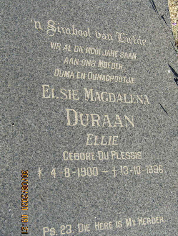 DURAAN Elsie Magdalena nee DU PLESSIS 1900-1996