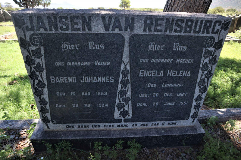 RENSBURG Barend Johannes, Jansen van 1859-1924 & Engela Helena LOMBARD 1867-1951
