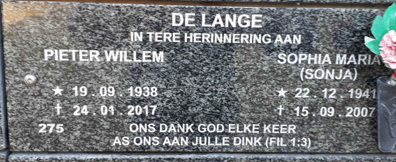 LANGE Pieter Willem, de 1938-2017 & Sophia Maria 1941-2007