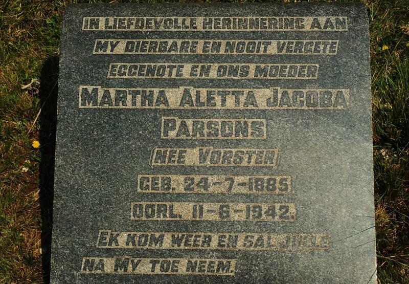 PARSONS Martha Aletta Jacoba nee VORSTER 1885-1942
