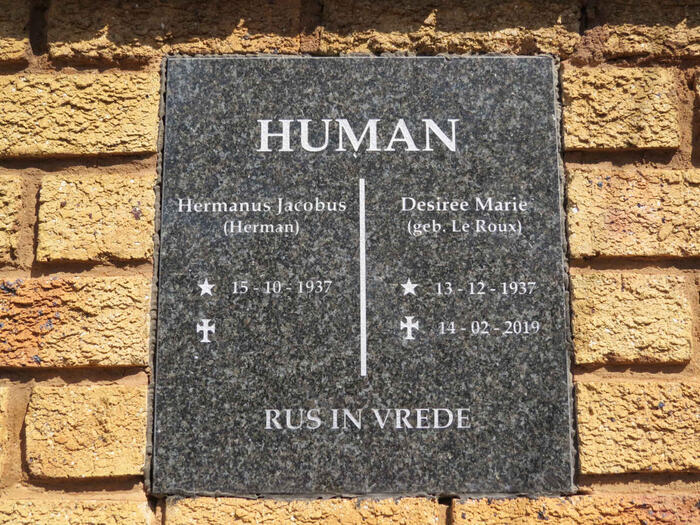 HUMAN Hermanus Jacobus 1937- & Desiree Marie LE ROUX 1937-2019