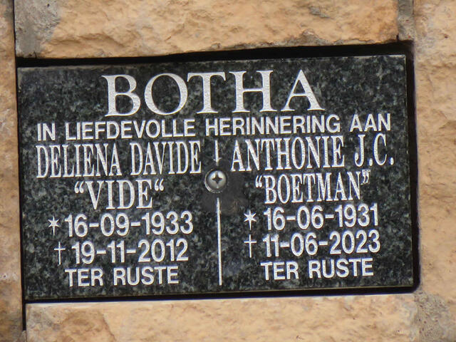 BOTHA Anthonie J.C. 1931-2023 & Deliena Davide 1933-2012