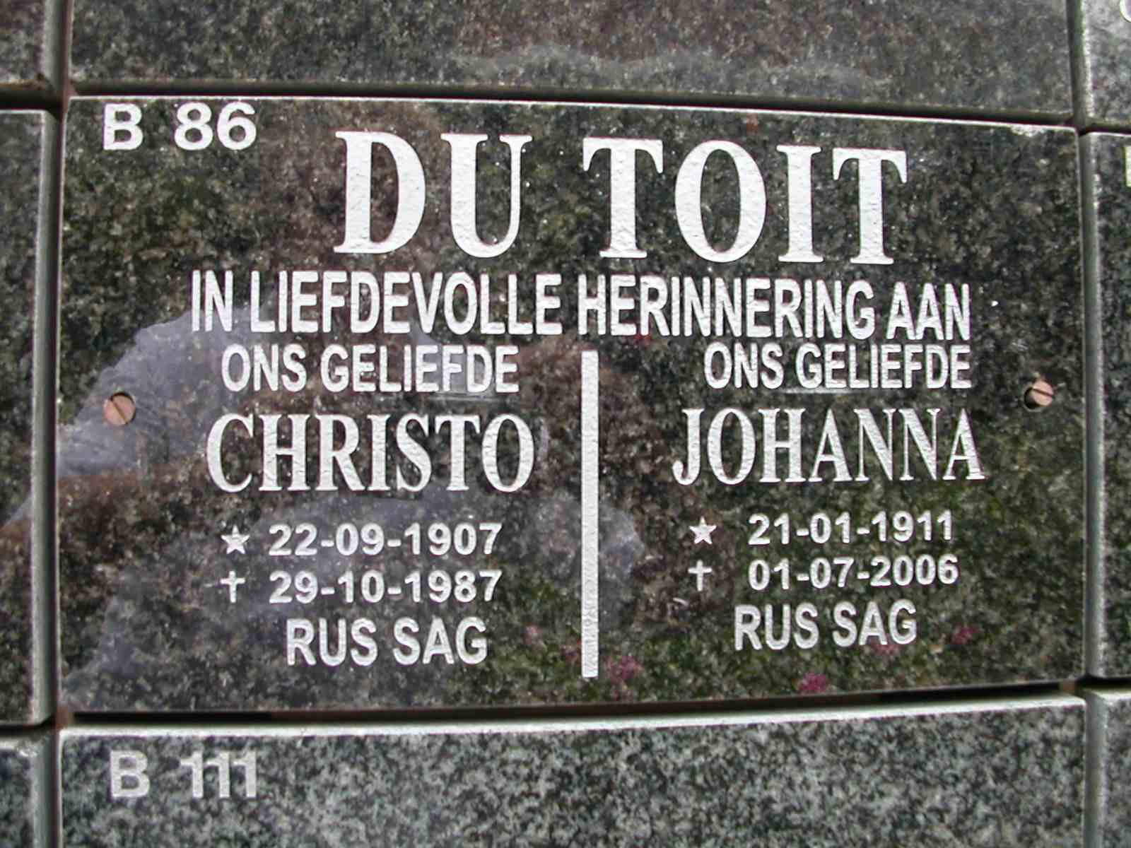 TOIT Christo, du 1907-1987 & Johanna 1911-2006