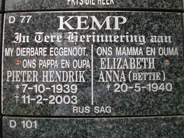 KEMP Pieter Hendrik 1939-2003 & Elizabeth Anna 1940-