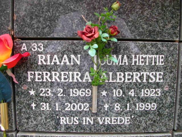 FERREIRA Riaan 1969-2002 :: ALBERTSE Hettie 1923-1999