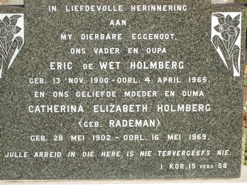 HOLMBERG Eric de Wet 1900-1965 & Catharina Elizabeth RADEMAN 1902-1969