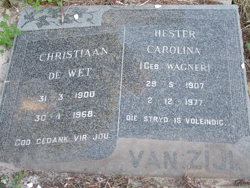ZIJL Christiaan de Wet, van 1900-1968 & Hester Carolina WAGNER 1907-1977