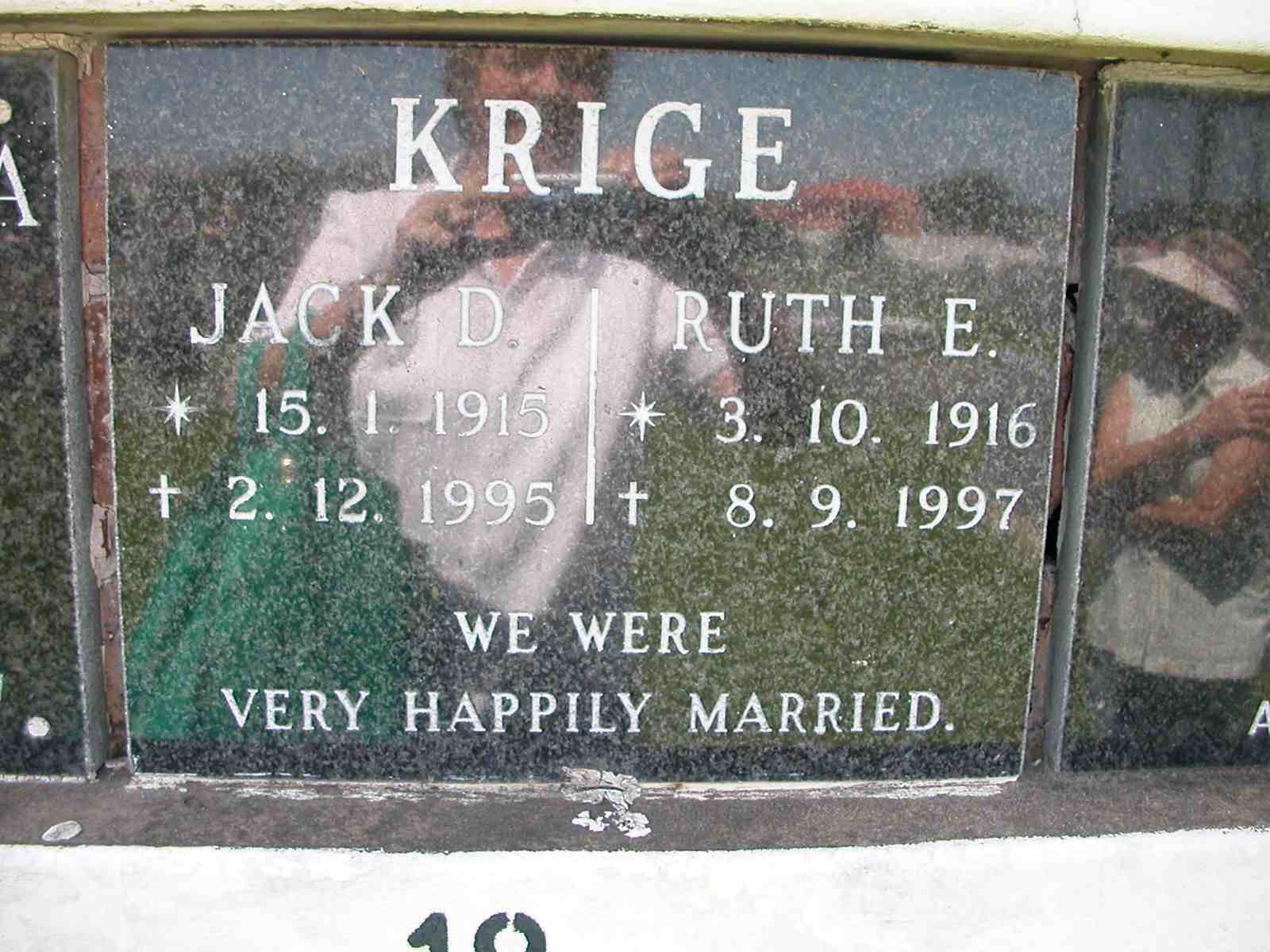 KRIGE Jack D. 1915-1995 & Ruth E. 1916-1997