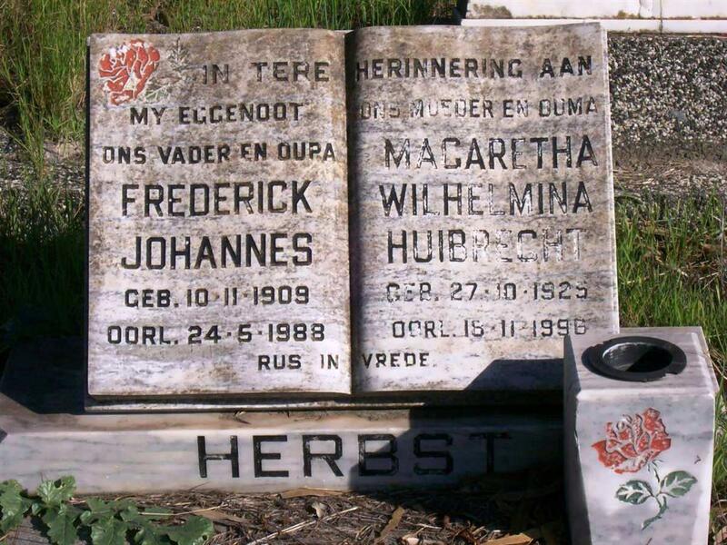 HERBST Frederick Johannes 1909-1988 & Magaretha Wilhelmina Huibrecht 1925-1996