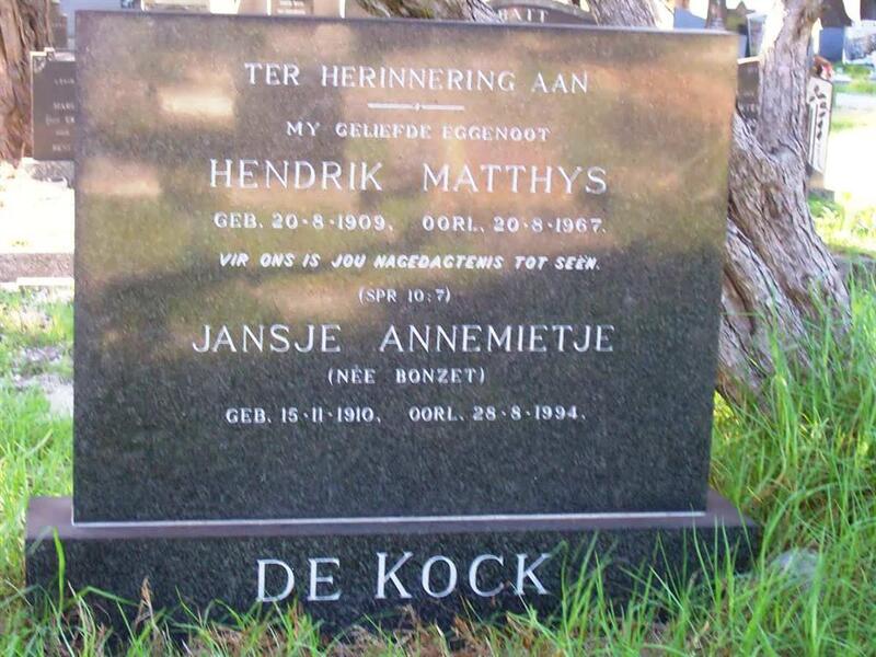 KOCK Hendrik Matthys, de 1909-1967 & Jansje Annemietje  BONZET 1910-1994