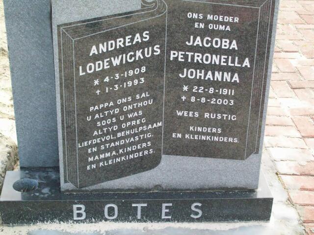 BOTES Andreas Lodewickus 1908-1993 & Jacoba Petronella Johanna 1911-2003