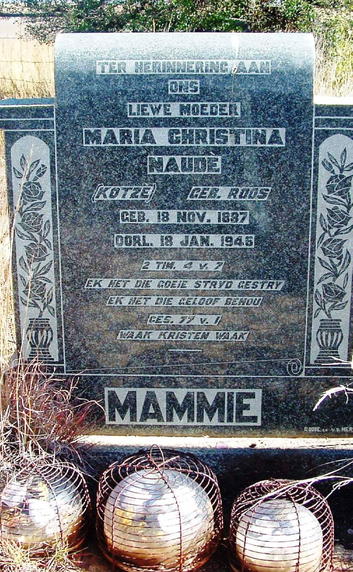 NAUDE Maria Christina formerly KOTZE nee ROOS 1887-1945
