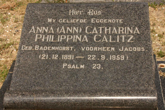 CALITZ Anna Catharina Phillipina voorheen JACOBS nee BADENHORST 1891-1959