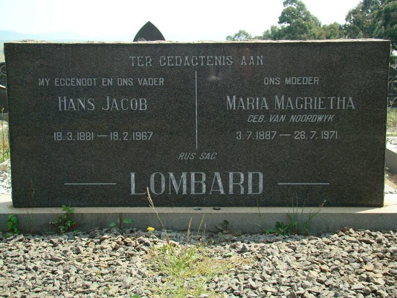 LOMBARD Hans Jacob 1881-1967 & Maria Magrietha VAN NOORDWYK 1887-1971