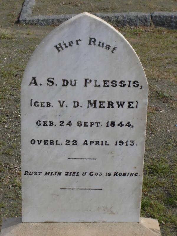 PLESSIS A.S., du nee V.D. MERWE 1844-1913